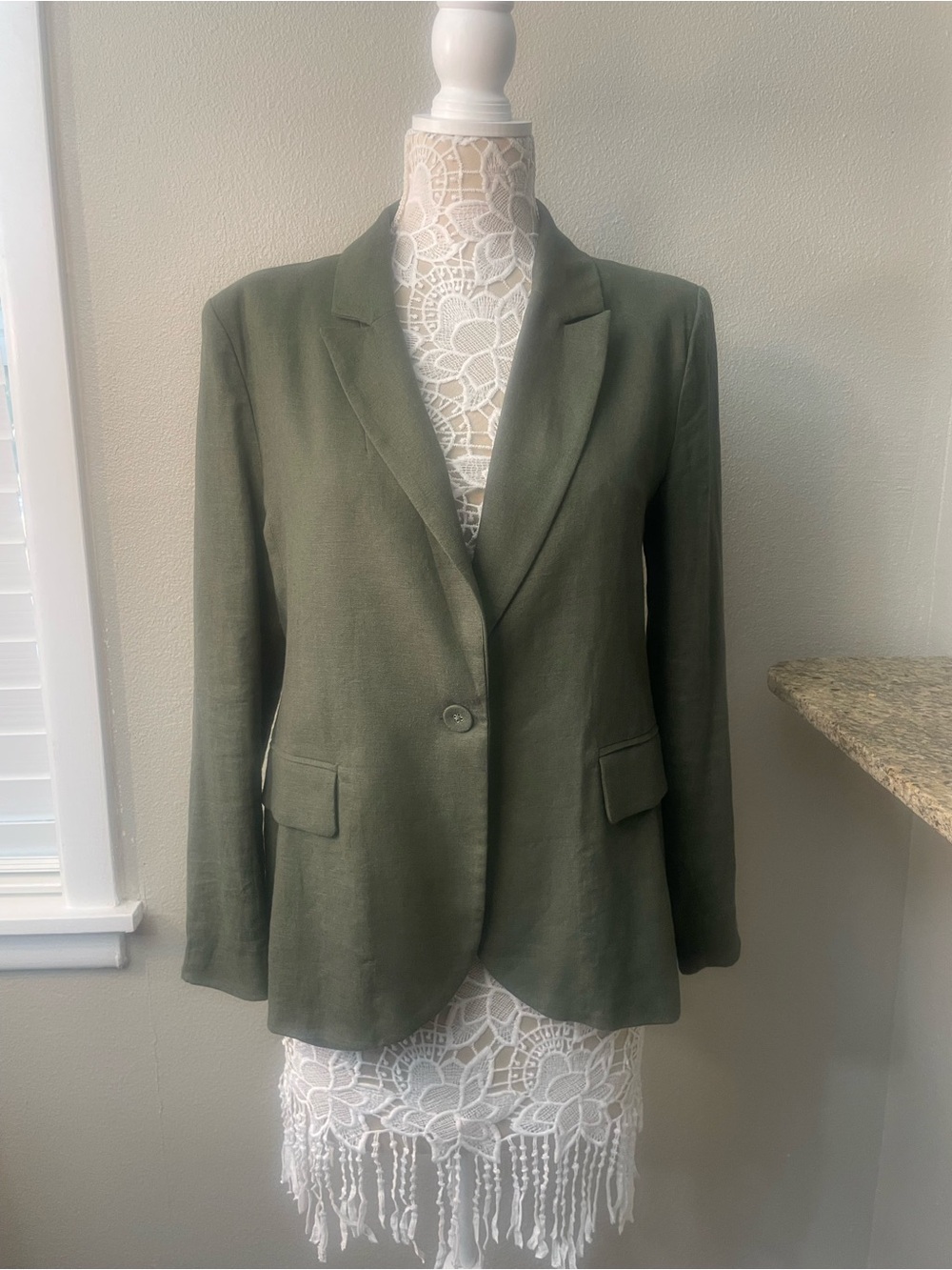 INC International Concepts Olive Green Linen Blazer Jacket Petite PM
